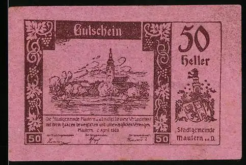 Notgeld Mautern 1920, 50 Heller, Stadtansicht mit Kirche und Wappen, gültig bis 31. Dezember 1920