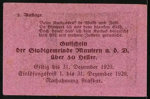 Notgeld Mautern 1920, 50 Heller, Stadtansicht mit Kirche und Wappen, gültig bis 31. Dezember 1920