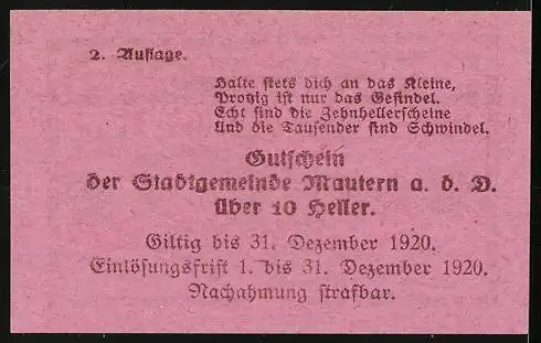 Notgeld Mautern 1920, 10 Heller, Brücke mit Stadtwappen und Inschrift