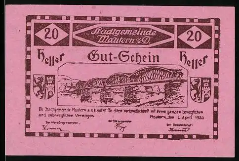 Notgeld Mautern 1920, 20 Heller, Brücke über Fluss, Stadtgemeinde-Aufschrift