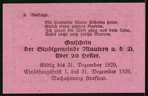 Notgeld Mautern 1920, 20 Heller, Brücke über Fluss, Stadtgemeinde-Aufschrift