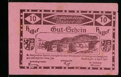 Notgeld Mautern 1920, 10 Heller, Brücke mit Stadtwappen und Gedicht