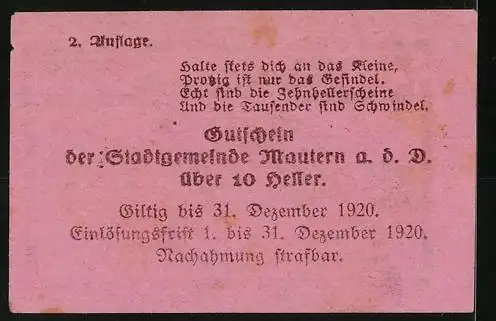 Notgeld Mautern 1920, 10 Heller, Brücke mit Stadtwappen und Gedicht