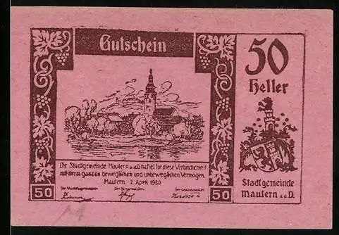 Notgeld Mautern 1920, 50 Heller, Stadtansicht mit Kirche und Wappen der Stadtgemeinde Mautern