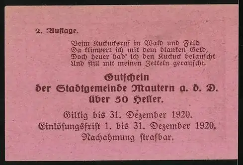 Notgeld Mautern 1920, 50 Heller, Stadtansicht mit Kirche und Wappen der Stadtgemeinde Mautern