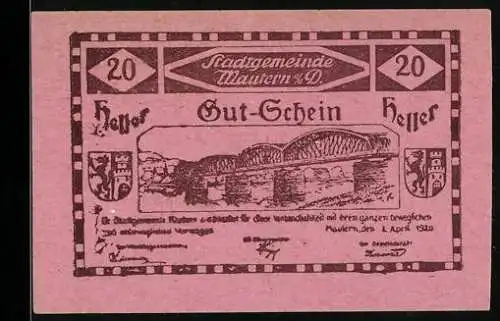 Notgeld Mautern 1920, 20 Heller, Brücke mit Wappen und Inschrift