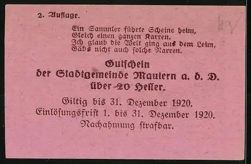 Notgeld Mautern 1920, 20 Heller, Brücke mit Wappen und Inschrift