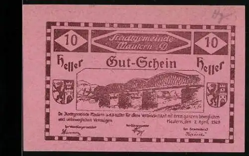 Notgeld Mautern 1920, 10 Heller, Brückenmotiv mit Stadtwappen