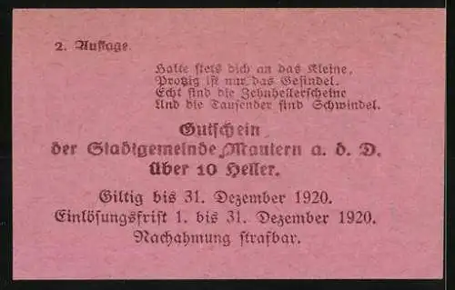 Notgeld Mautern 1920, 10 Heller, Brückenmotiv mit Stadtwappen