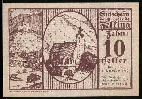 Notgeld Zelking 1920, 10 Heller, Kirche und Landschaftsmotive