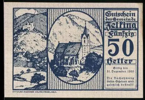 Notgeld Zelking 1920, 50 Heller, Kirche und Landschaftsmotiv