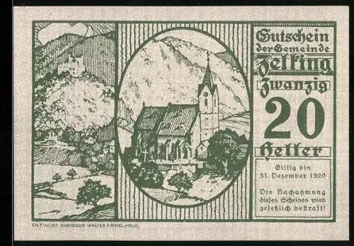 Notgeld Zelking 1920, 20 Heller, Landschaft mit Kirche und Burgruine