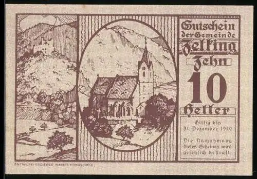 Notgeld Zelking 1920, 10 Heller, Kirche und Landschaftsmotiv, Niederösterreichischer Gemeinde-Gutschein