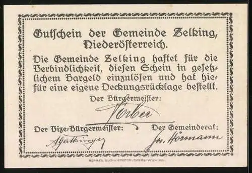 Notgeld Zelking 1920, 10 Heller, Kirche und Landschaftsmotiv, Niederösterreichischer Gemeinde-Gutschein