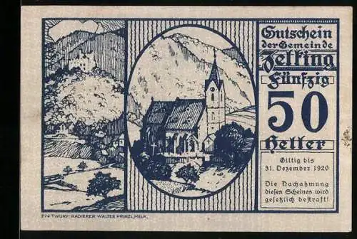 Notgeld Zelking 1920, 50 Heller, Kirche und Landschaftsmotiv