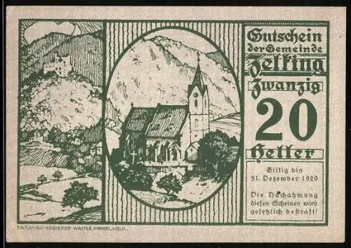 Notgeld Zelking 1920, 20 Heller, Kirche und Berglandschaft