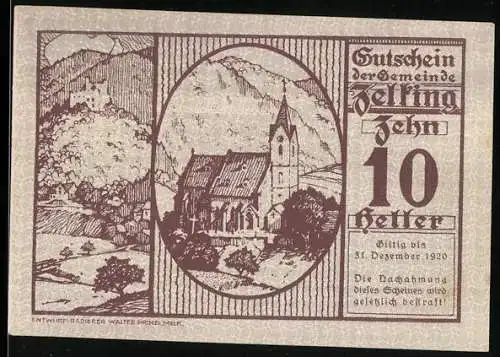 Notgeld Zelking 1920, 10 Heller, Kirche und Landschaftsmotive