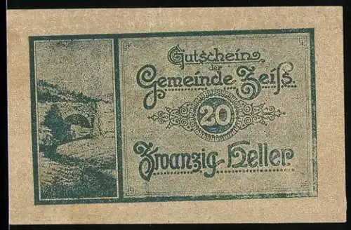 Notgeld Zeiss, 20 Heller, Brücke und dekorative Schriftzüge