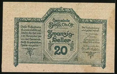 Notgeld Zeiss, 20 Heller, Brücke und dekorative Schriftzüge
