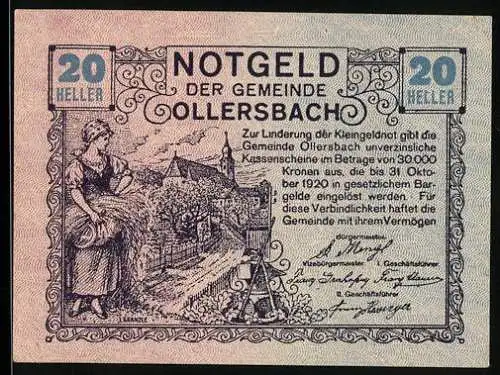 Notgeld Ollersbach 1920, 20 Heller, Erntearbeiter und Frau bei der Erntehilfe, ländliche Szene