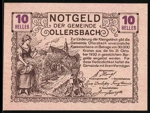 Notgeld Ollersbach 1920, 10 Heller, Erntearbeit und Landschaft mit Frau und Getreidebündel