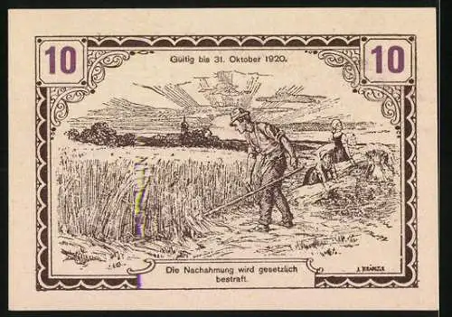 Notgeld Ollersbach 1920, 10 Heller, Erntearbeit und Landschaft mit Frau und Getreidebündel