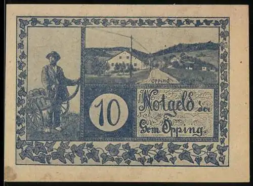 Notgeld Oepping 1920, 10 Heller, Mann mit Schubkarre und Dorflandschaft