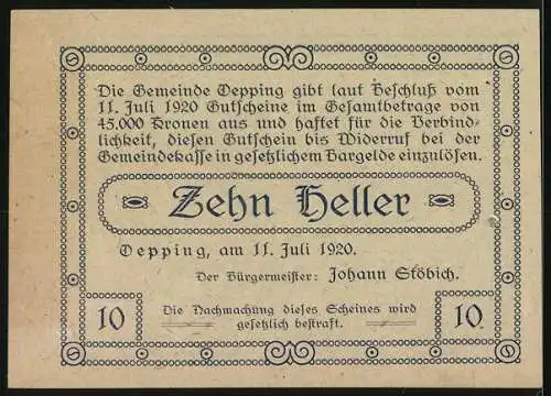 Notgeld Oepping 1920, 10 Heller, Mann mit Schubkarre und Dorflandschaft