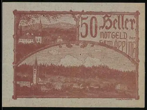 Notgeld Oepping 1920, 50 Heller, Landschaftsansicht mit Kirche und Dorf