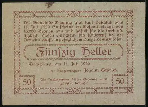 Notgeld Oepping 1920, 50 Heller, Landschaftsansicht mit Kirche und Dorf