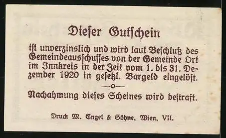 Notgeld Ort im Innkreis 1920, 10 Heller, Kirche und Text mit Unterschrift des Bürgermeisters