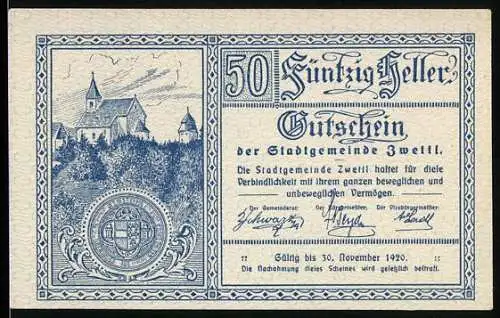 Notgeld Zwettl 1920, 50 Heller, Kirche und Stadtwappen