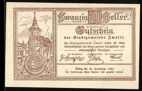 Notgeld Zwettl 1920, 20 Heller, Stadtkirche und Stadtwappen, gültig bis 30. November 1920