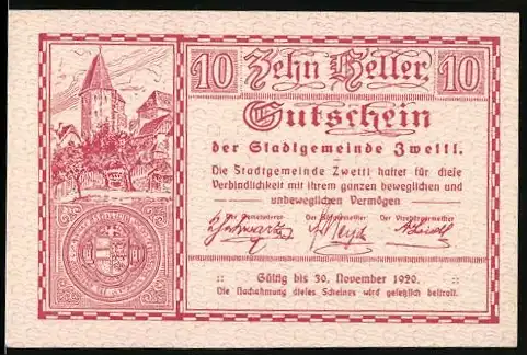 Notgeld Zwettl 1920, 10 Heller, Burgmotiv und Stadtwappen, gültig bis 30. November 1920