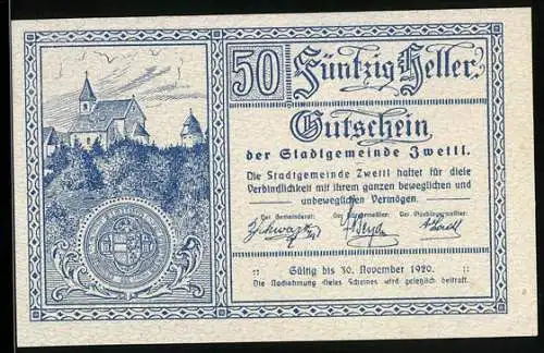 Notgeld Zwettl 1920, 50 Heller, Kirche und Stadtwappen, gültig bis 30. November 1920