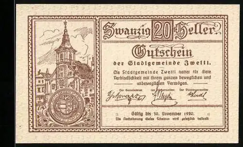 Notgeld Zwettl 1920, 20 Heller, Stadtszene mit Turm, Stadtwappen, gültig bis 30. November 1920