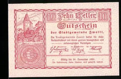 Notgeld Zwettl 1920, 10 Heller, Stadtansicht und Wappen, gültig bis 30. November 1920