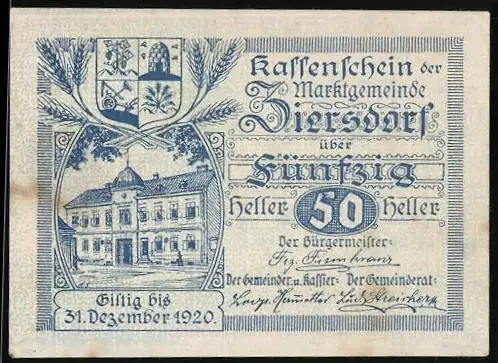 Notgeld Ziersdorf 1920, 50 Heller, Gebäude und Wappen der Marktgemeinde, gültig bis 31. Dezember 1920