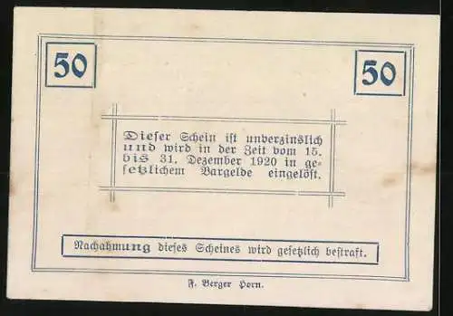 Notgeld Ziersdorf 1920, 50 Heller, Gebäude und Wappen der Marktgemeinde, gültig bis 31. Dezember 1920