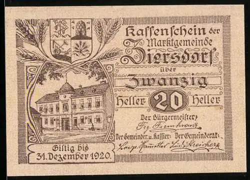 Notgeld Ziersdorf 1920, 20 Heller, Rathaus mit Wappen, gültig bis 31. Dezember 1920