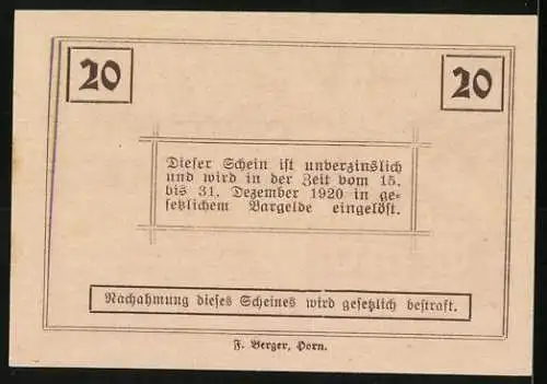 Notgeld Ziersdorf 1920, 20 Heller, Rathaus mit Wappen, gültig bis 31. Dezember 1920