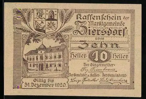 Notgeld Ziersdorf 1920, 10 Heller, Rathaus und Wappen, gültig bis 31. Dezember 1920