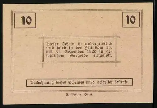 Notgeld Ziersdorf 1920, 10 Heller, Rathaus und Wappen, gültig bis 31. Dezember 1920