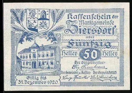 Notgeld Ziersdorf 1920, 50 Heller, Rathaus und Wappen, gültig bis 31. Dezember 1920