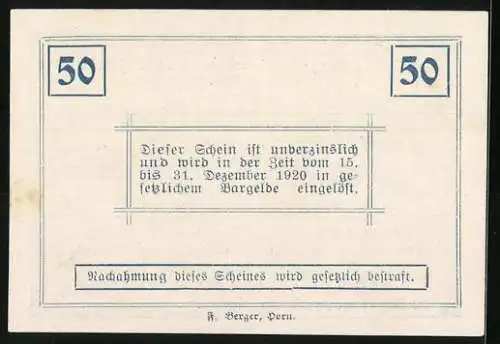 Notgeld Ziersdorf 1920, 50 Heller, Rathaus und Wappen, gültig bis 31. Dezember 1920