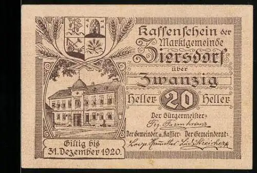 Notgeld Ziersdorf 1920, 20 Heller, Gebäude und Wappen der Marktgemeinde