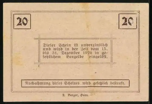 Notgeld Ziersdorf 1920, 20 Heller, Gebäude und Wappen der Marktgemeinde