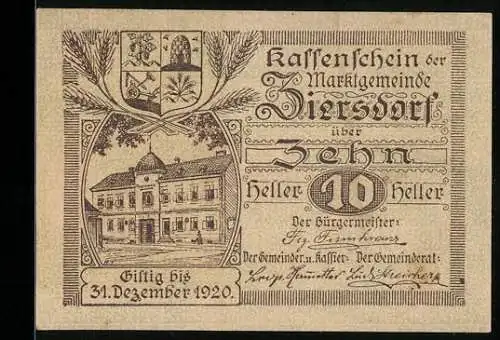 Notgeld Ziersdorf 1920, 10 Heller, Gebäudeansicht mit Wappen und Text, gültig bis 31. Dezember 1920