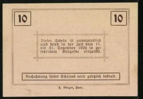 Notgeld Ziersdorf 1920, 10 Heller, Gebäudeansicht mit Wappen und Text, gültig bis 31. Dezember 1920