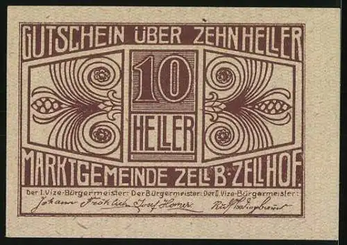 Notgeld Zell b. Zellhof 1920, 10 Heller, Stadtansicht und dekorative Muster